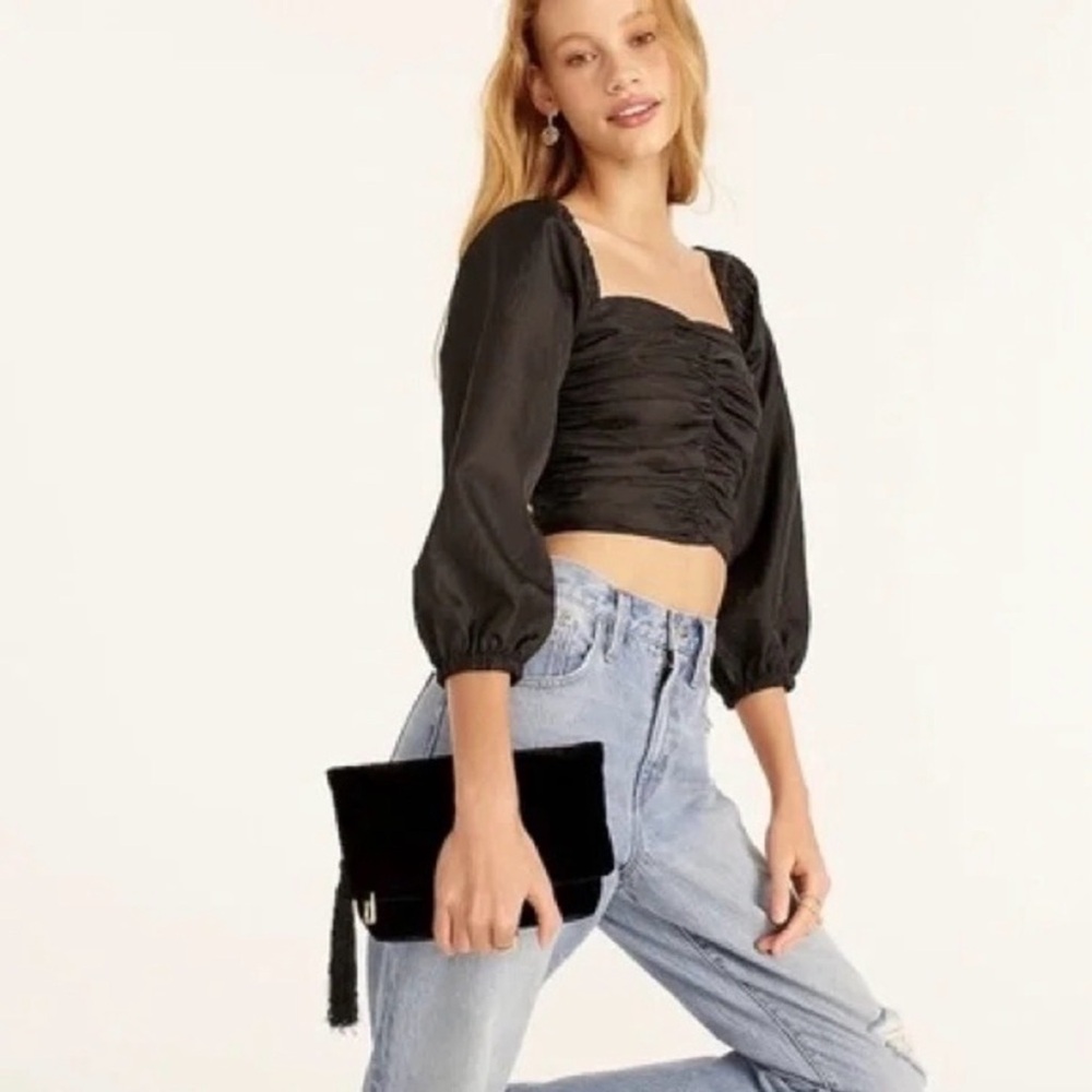 J.Crew NWT size 12 Ruched Puff Sleeve Cropped Top Black Long Sleeve Off Shoulder - Picture 2 of 13
